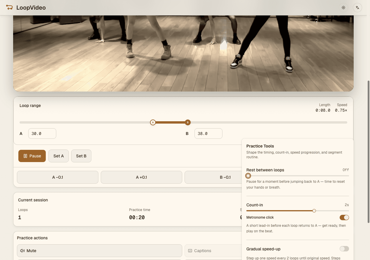 LoopVideo workspace showing a real K-pop dance-practice segment with A and B, a supported slower rate, and a two-second count-in