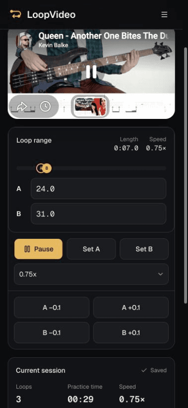 LoopVideo at a real mobile viewport showing responsive A and B fields and playback controls
