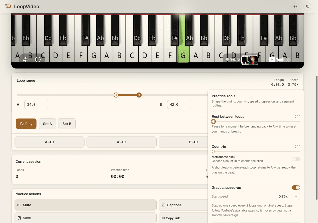 LoopVideo workspace showing a real piano tutorial with A and B boundaries, supported slower playback, and Gradual speed-up
